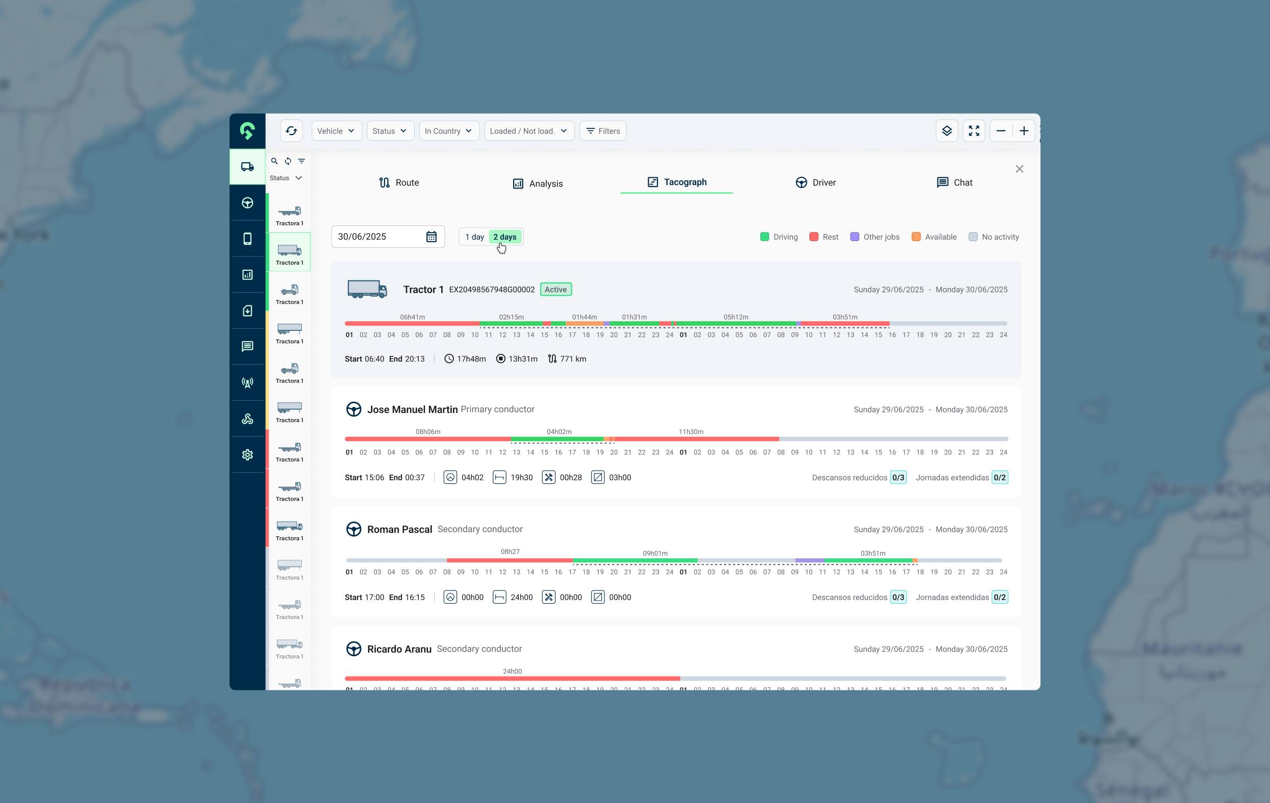 UI/UX design of the tacografo screen of Gesinflot logistics platform