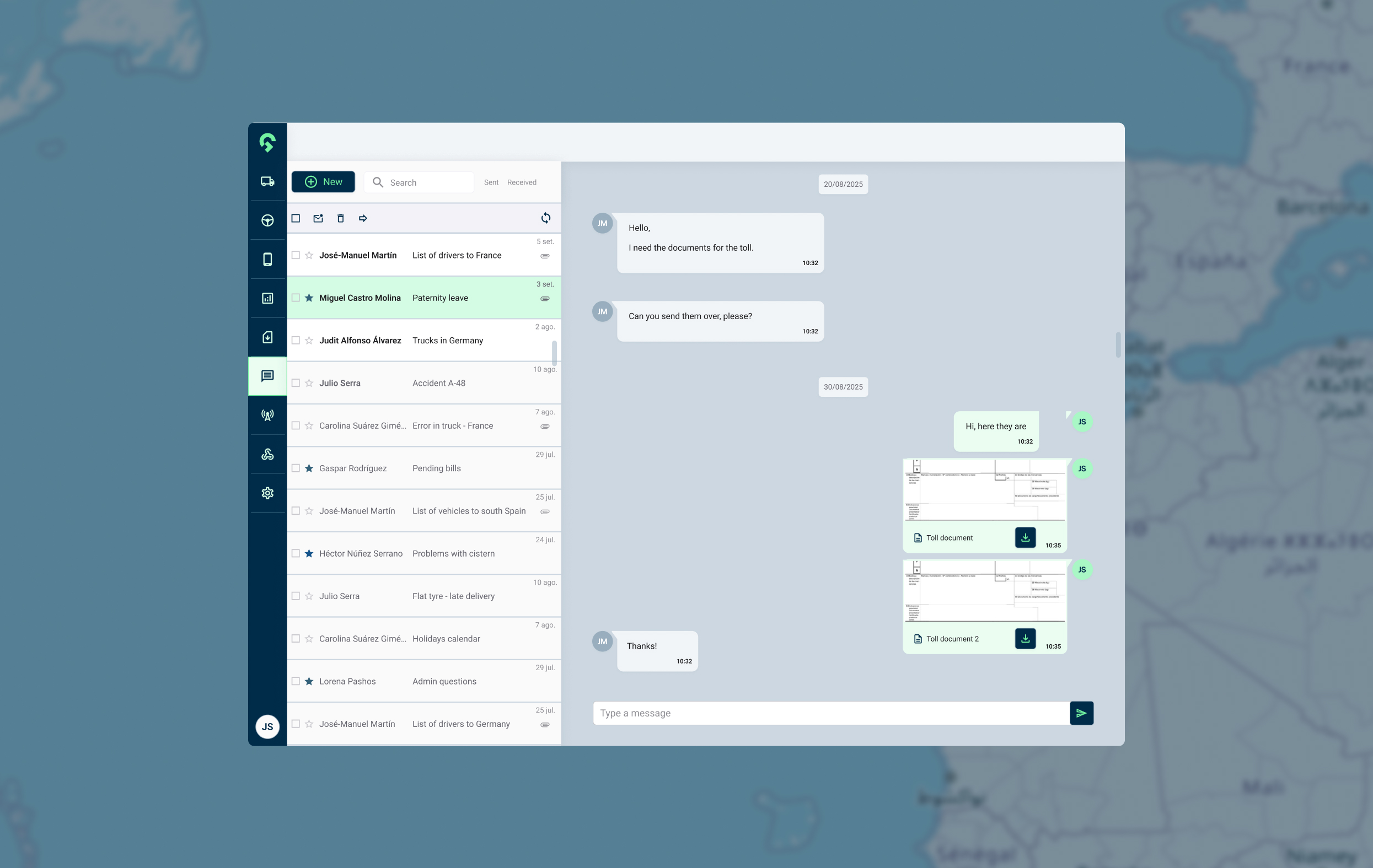 UI/UX Design of the chat screen of Gesinflot logistics platform